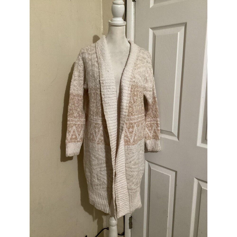 Joie Cardigan Sweater Womens Small Beige White Long Open Front Cozy Knit Aztec
